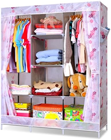 Suily Portable Folding Flower Pattern Side-Sliding Door Design Clothes Wardrobe White