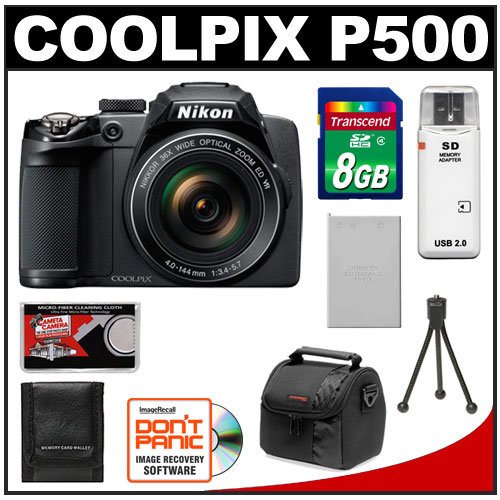 Nikon Coolpix P500 12.1 MP Digital Camera (Black) with 8GB Card + Battery + Case + Accessory Kit