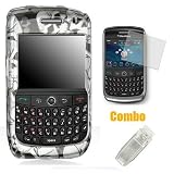 3-Piece Bundle - Premium Designer Hard Crystal Snap-on Case for Blackberry Curve 8900 Case - Cool Exotic Black Skull Print + Screen Protector + Belt Clip