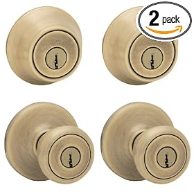 Kwikset 242T 5 CP Tylo Entry Knob and Single Cylinder Deadbolt Combo Pack, Antique Brass