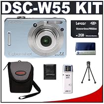 Sony CyberShot DSC-W55 7.2 Megapixel Digital Camera with 3x Optical Zoom (Blue) + Digital Camera Case + Lexar Media 2GB 40x Platinum II Series Memory Stick (MS) PRO Duo Card + High Speed USB 2.0 SecureDigital (MS) Card Reader