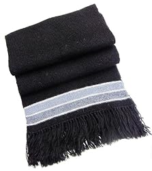 Handmade Pure Alpaca Natural Fiber Scarf - Classic Black w/ Stripes (Extra Large)