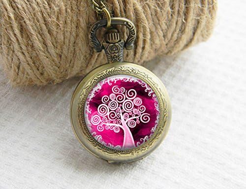 Pocket Watch Necklace Tree Of Life Art Photo Pendant White Pink Watch Locket Necklace