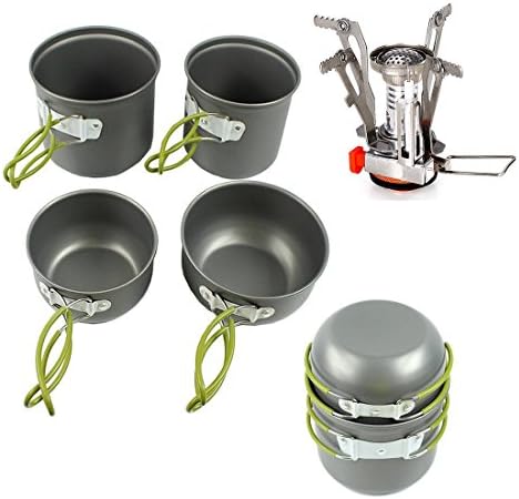 Hikingworld Camp Hiking Picnic BBQ Pot/bowl Cookware Cook Set+Butane Propa Gas Stove (4-pieces-nature)