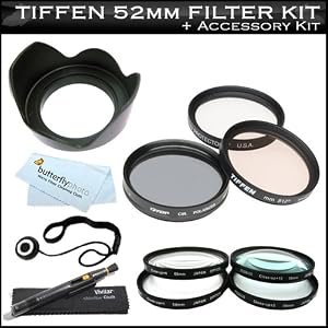 Tiffen 52mm Filter Kit For Nikon 35mm f/1.8G AF-S DX Lens for Nikon Digital SLR Cameras Includes Tiffen 52mm 3PC Filter Kit (UV, CPL, 812 Warming Filter) + 4PC Close Up Lens Kit +1 +2 +4 +10 + Lens Hood + Lens Pen + Lens Cap Keeper + MicroFiber Cloth
