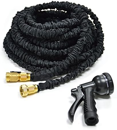 Black 50FT Flexible Garden Water Hose with Durable Latex Expandable Kink-free Hose pipe and Fits Common Style Solid Brass Hose fittings and Professional Spray Gun Tap to Pressure Washer Suitable