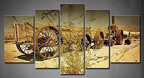 Flora Woods Painting 5 Panels Brown An Old Wagon In The Death Valley In Grunge And Retro Style Plant Stones Painting Picture Print On Canvas Car Pictures