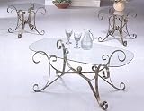 Mediterranean Style Scroll Black Gold Wrought Iron Coffee Table & 2 End/Side Occasional Tables Set with 8mm Clear Glass Tops