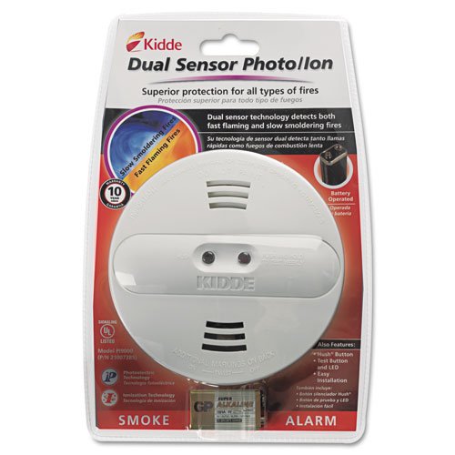 Kidde Products   Kidde   Dual Sensor Smoke Alarm, 9V Battery   Sold As 1 Each   Dual ionization and photoelectric sensors offer the best protection against both fast flaming and slow smoldering fires.   Hush feature which temporarily silences the alarm.   Low battery warning and a loud 85 dB alarm.   Test/reset button and a red LED light which flashes every 30 40 seconds to indicate that the smoke alarm is operating properly.  