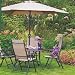 6 PIECE GARDEN PATIO SET. GLASS TABLE, 4 RECLINING ARM CHAIRS & 2.7m PARASOL