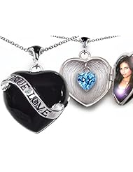 Original Star K (tm) True Love Black Enamel Locket With 7mm Heart Blue Topaz Surprise in .925 Sterling Silver