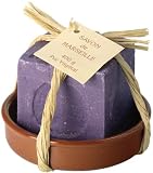 Savon de Marseille soap cube original authentic olive oil based lavender scented soap 400 g 13.3 oz in dish presentation with soap dish