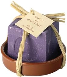 Savon de Marseille soap cube original authentic olive oil based lavender scented soap 400 g 13.3 oz in dish presentation with soap dish