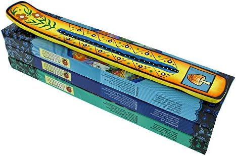 Zen Mood Incense Gift Pack - 3 Boxes of Assorted Indian God Incense and 1 Hand Painted Incense Holder with Mushroom Design - Yellow