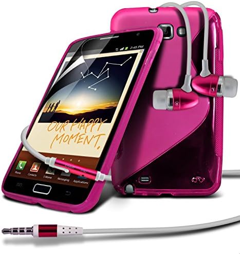 Samsung Galaxy Note N7000 Hot Pink S Line Wave Gel Case Skin Cover With LCD Screen Protector Guard, Polishing Cloth & Hands Free Earphone with Built in Microphone Mic & On-Off Button by Fone-Case