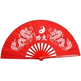 Crazy K&A 35cm Bamboo Chinese Fan Tai Chi Kung Fu Folding Fan With Dragon Design (Red)