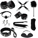 Paloqueth Sex Tools 10pcs Fabric Bondage Sets with Hand Cuff Ankle Cuff Cross Whip Nipple Clamps Blindfold Sex Slave Neck Collar Mouth Gag Bondage Rope Flirting Feathers (Black)