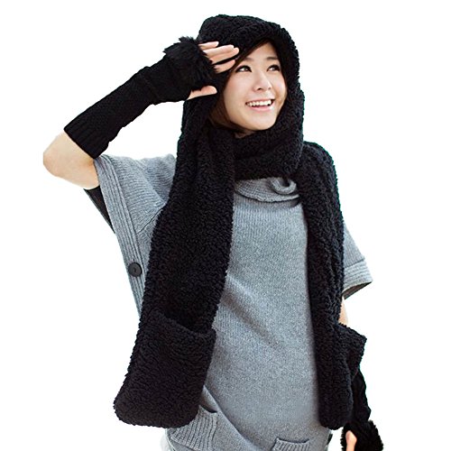 FUNOC® New Ladies Faux Fur Winter Warm Fluffy Hood Scarf Hat Snood Pocket Hats Gloves (Black)