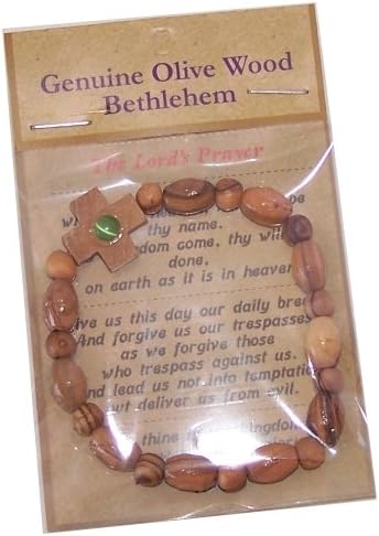 Elastic Olive wood religious bracelet with a stone **** packed as a gift with special Certificate of Authenticity and origin and a FREE Lord's Prayer gift card