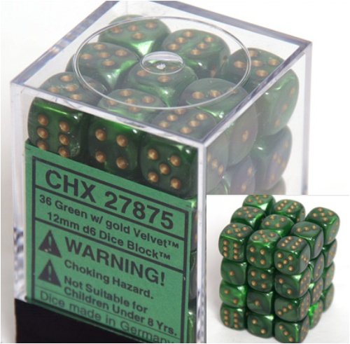 Chessex Velvet 12mm d6 Green w/silver Block 36 Dice