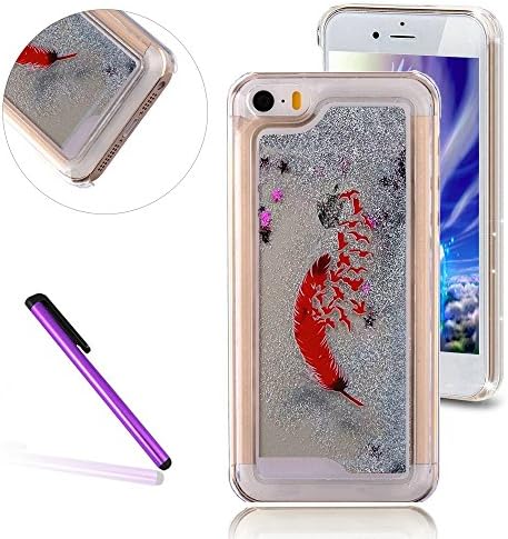 iPhone 5C Case,3D Quicksand Brilliant Luxury Bling Glitter Liquid Floating Angle Girl Moving Hard Protective Case for Apple iPhone 5C (Red Feather)