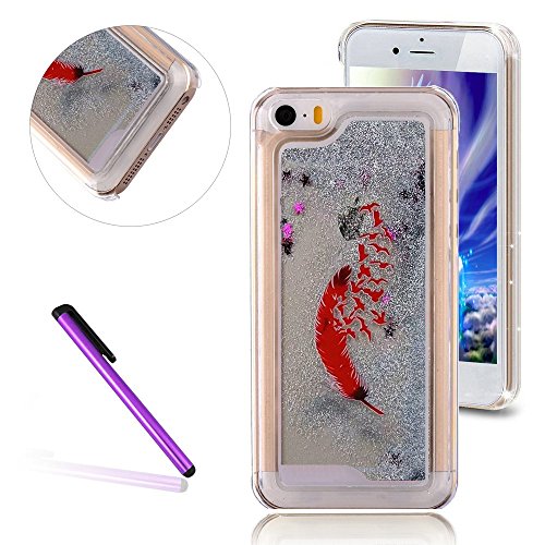 iPhone 5C Case,3D Quicksand Brilliant Luxury Bling Glitter Liquid Floating Angle Girl Moving Hard Protective Case for Apple iPhone 5C (Red Feather)