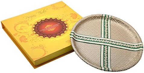 Ethnic Style Alluring Block Lace Work Golden Stainless Steel Poojan Thali Set Including Idol Of Laxmi Ganesh Ji For Diwali and Bhai Dooj