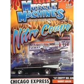 Muscle Machines Nitro Coupe Dragster Randy Adler Chicago Express '57 Chevy Bel Air Black Rubber Mags Detailed Diecast Scale 1/64 Collector