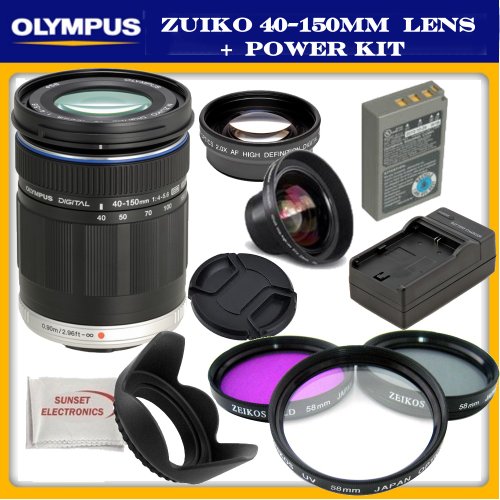 Olympus M. Zuiko Digital ED 40-150mm f/4.0-5.6 Lens with Lithium Ion BLS-5 (BLS5) Replacement Battery Kit For The Olympus PEN EP-3, PEN E-PM1 Digital SLR Cameras. Includes: Zuiko 40-150mm Lens, BLS-5 Replacement Battery, Rapid Travel Charger, 0.45x Wide Angle Lens, 2x Telephoto Lens, 3 Piece Professional Filter Kit (UV,CPL,FLD), Tulip Lens Hood, Lens Cap & SSE Microfiber Cleaning Cloth Olympus M. Zuiko Digital ED 40-150mm f/4.0-5.6 Lens with Lithium Ion BLS-5 (BLS5) Replacement Battery Kit For The Olympus PEN EP-3, PEN E-PM1 Digital SLR Cameras. Includes: Zuiko 40-150mm Lens, BLS-5 Replacement Battery, Rapid Travel Charger, 0.45x Wide Angle Lens, 2x Telephoto Lens, 3 Piece Professional Filter Kit (UV,CPL,FLD), Tulip Lens Hood, Lens Cap & SSE Microfiber Cleaning Cloth