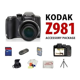 Kodak EasyShare Z981 14MP Digital Camera with Schneider-Kreuznach Variogon 26x Wide Angle Optical Image Stabilized Zoom Lens and 3.0 Inch LCD With The Essential Accessory Package Kit Includes 8GB High Speed Error Free Memory Card, Card Reader, 4 AA Rechargeable Batteries W/ Home & Car Charger, Delux