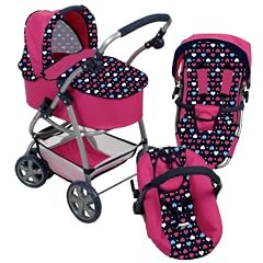 Edel Puppenwagen 3in1 mit Maxi Cosi Buggy und Lenkr�der pink Herz