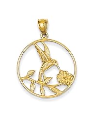 14K Yellow Gold Hummingbird in Round Frame Pendant