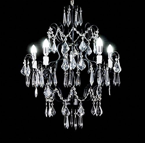 George Versailles Crystal Chandelier Antique Black Wrought Iron 5-Light Pendant Ceiling Lighting