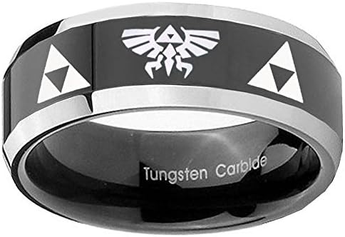 8MM Tungsten Triforce & Legend of Zelda Glossy Middle Black Bevel Edge 2 Tone Mens Ring Size 8.5