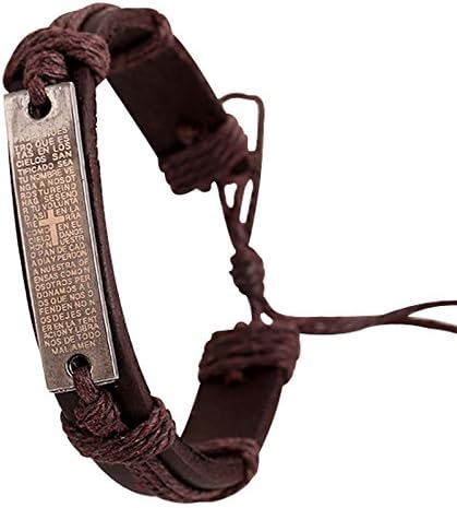 Amazv Womens Men's High-quality Alloy Genuine Leather Bracelet Bangle Cuff Rope Cross Bible Lords Prayer Surfer Wrap Biker With a gift Bag