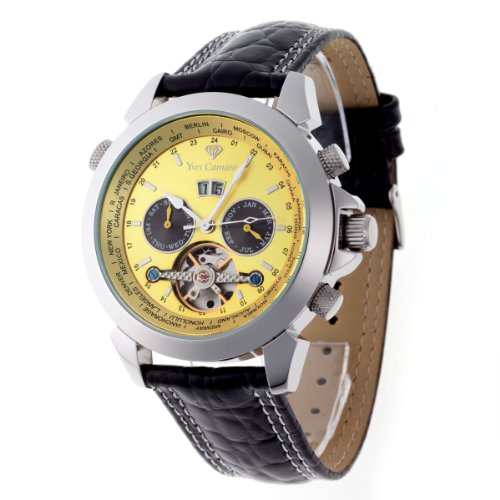 Yves Camani Herren-Armbanduhr XL Worldtimer Gelb Analog Automatik Leder YC1029-F Preisvergleich