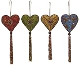 Antique Style Embroidered and Sequined Heart Christmas Ornaments With Tassel 9"x4" Set of 4