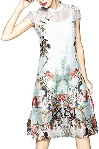 Women Vintage National Style Cap Sleeve Floral Print Skirt Flower Qipao Long Dress
