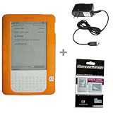 Orange Color Amazon Kindle 2 E-Book Reader Silicone Rubber Skin Case + Kindle2 Travel Charger + Kindle2 Anti Scratch LCD Screen Protector