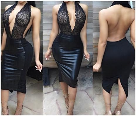 YITL Women's Sexy Lace Halter Neck Banquet Cocktail Prom Party One-piece Dresses Black S