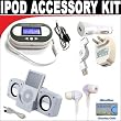 Digital 203 Channel FM Transmitter with LCD Screen + White portable folding Speaker + White mini soft Earbuds + 3-in-1 Charging kit for Apple iPod Classic, Video, Touch, Nano, iPhone 1G / 3G + DBROTH Microfiber Cleaning Cloth