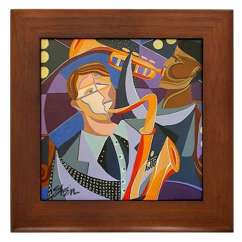 All That Jazz :: Art Deco Cubist Framed Fine Art Ceramic Tile By Kristen Stein