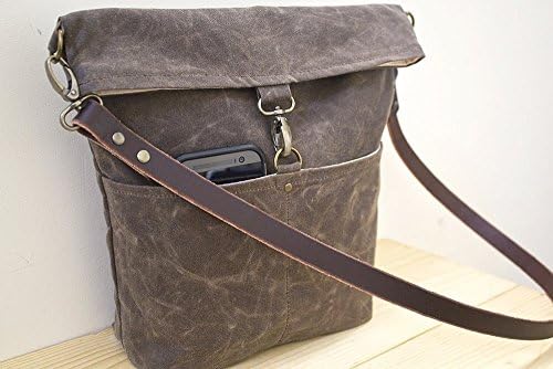 Handmade Dark Oak Waxed Canvas Day Bag, Cross Body Bag, Messenger Bag with Leather Strap - Available in 7 Colors