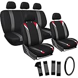 OxGord 17pc Set Flat Cloth Mesh / Red, Black & Gray Auto Seat Covers Set - Airbag Compatible - Front Low Back Buckets - 5 Head Rests - Universal Fit for Car, Truck, Suv, or Van - FREE Steering Wheel Cover
