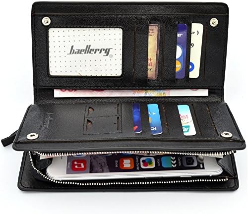 Amy Multi-purpose Men Premium Faux Leather Cellphone Wallet Purse Handbag Cash Zipper Pouch case with Inner Multiple Card Holders For iphone 6s 6 plus Samsung Galaxy S5 S4 Google Nexus 6+Stylus-Black