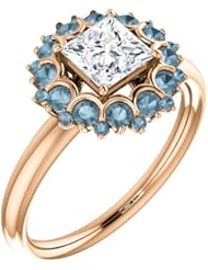 18K Rose Gold Princess Cut White and Blue Diamond Flower Inspired Ring -- LIFETIME WARRANTY