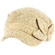 Elastafit Winter Floral Bow Crystals Knit Cadet Military Castro Hat Cap Beige