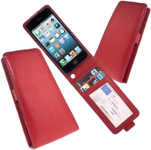 Albany Real Soft Leather Flip Case & Card Holder for iPhone 4S 5 5S 5C Red