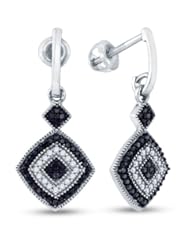10K White Gold Round Brilliant Cut Black and White Diamond - Diamond Shape Milgrain Channel Set Dangle Earrings with Secure Screw Back Closure - (1/3 cttw.)