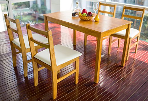 Merax 5pc Dinning Dinette 4 Person Table and Chairs Set Soild Pine Wood Dining Kitchen, Natural